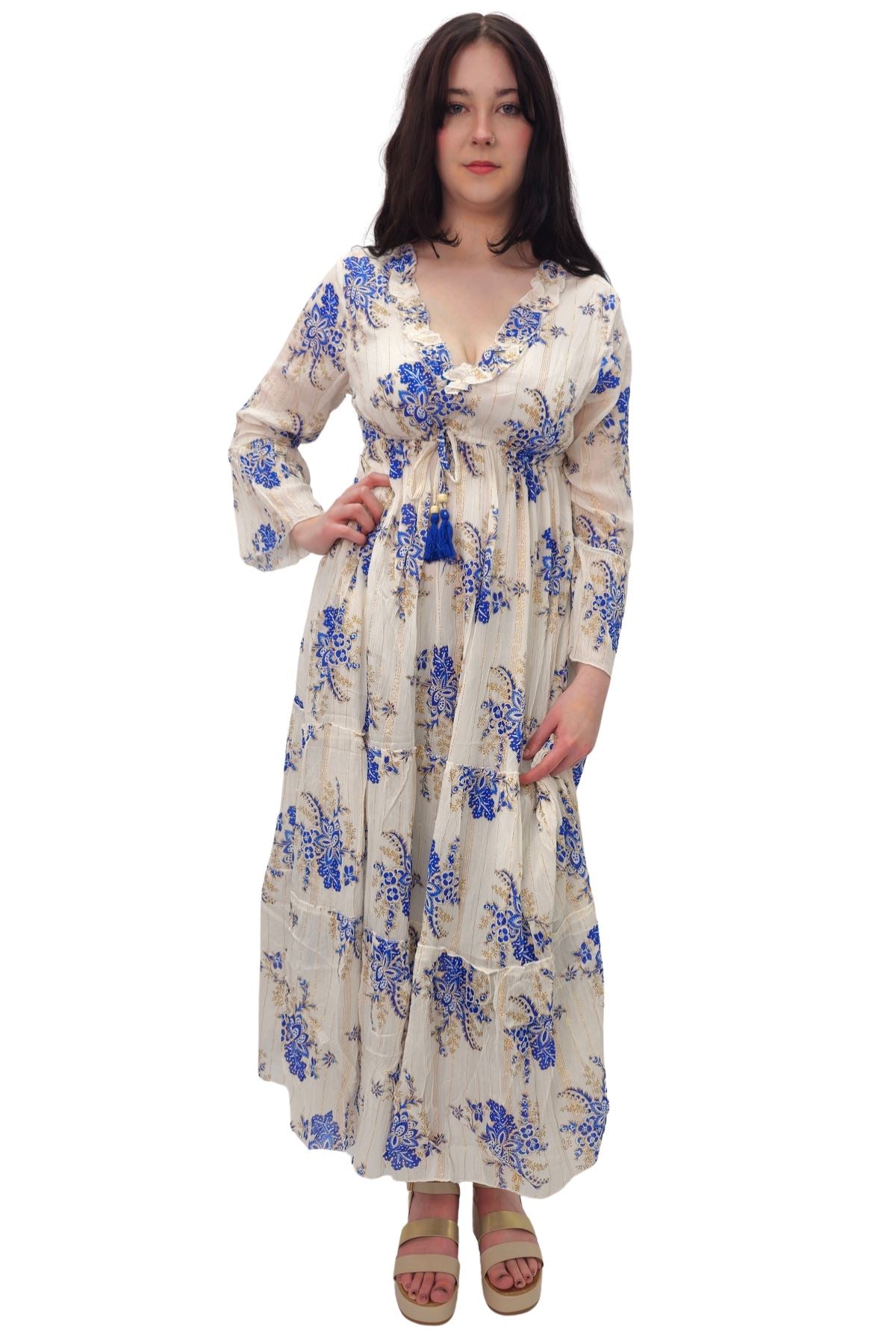 Flower Cluster Print Gold Stripes Dress