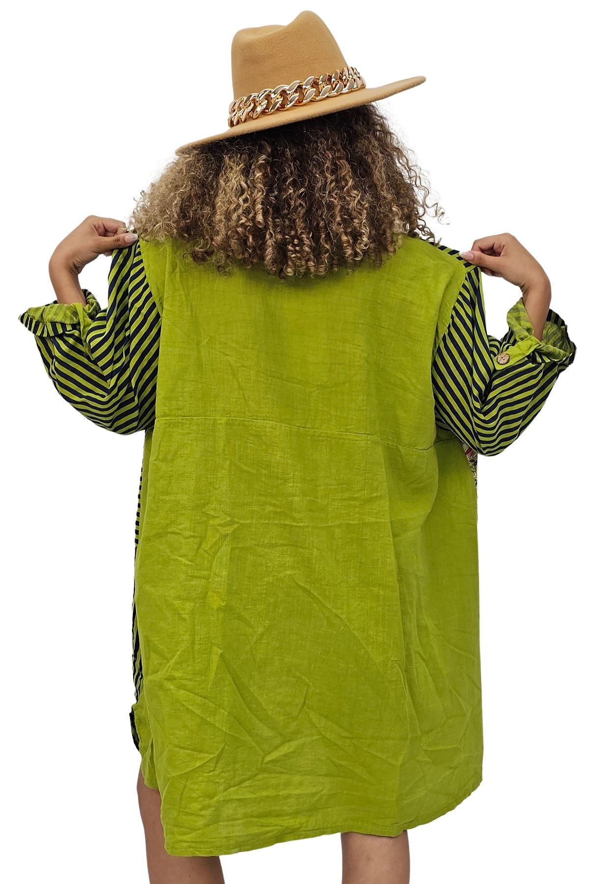 Vertical Stripes Polka Dot Print Full Front Buttons Linen Shirt