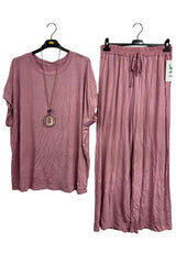 Plain Drawstring Waistband Wide Leg Co-Ord Set