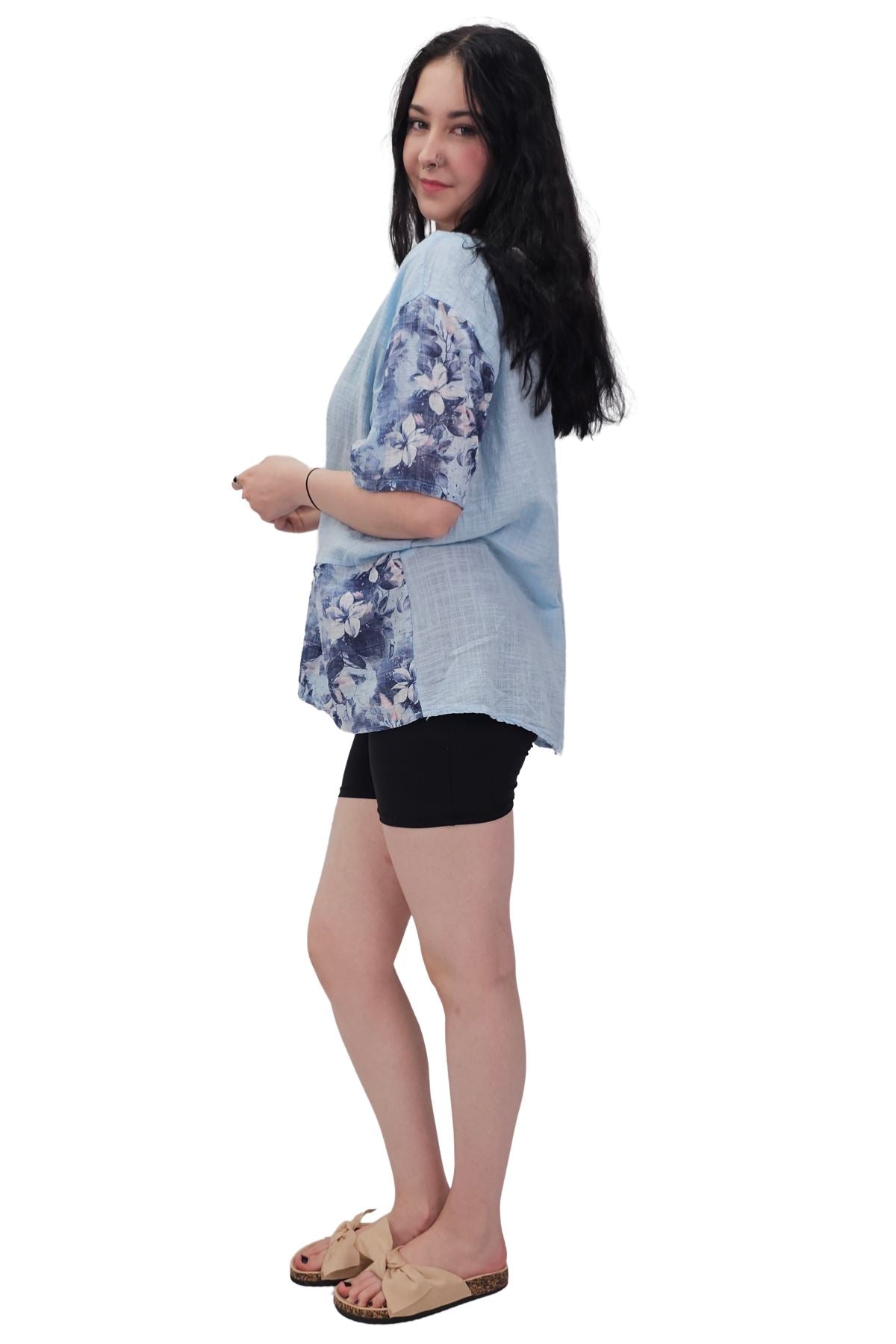 Floral Print Necklace Oversized Tunic Cotton Top