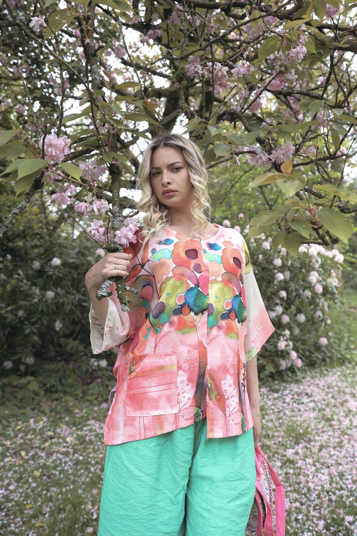 Abstract Watercolour-Style Print Asymmetrical Hemline Cotton Top