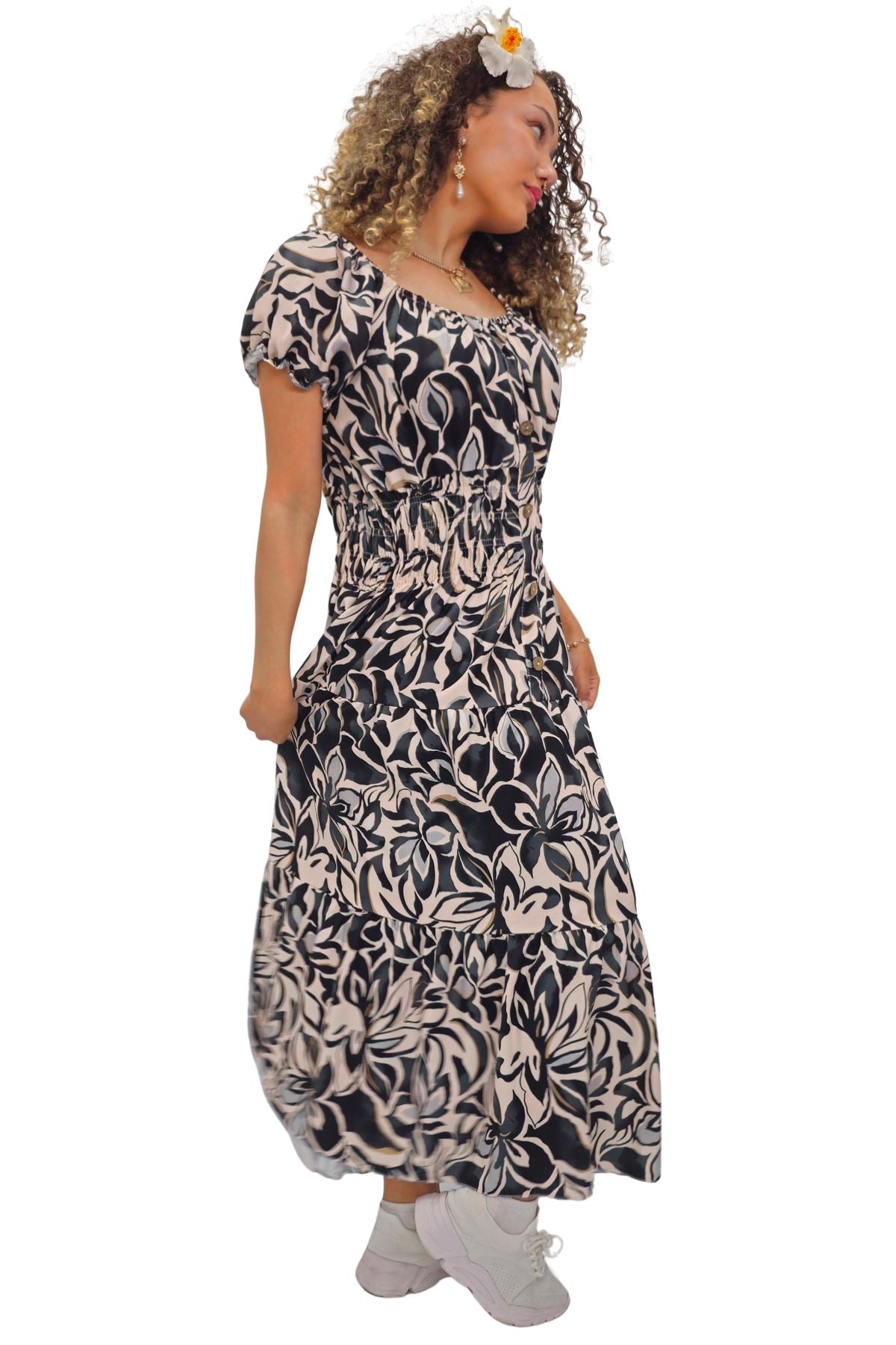 Floral Print Shirred Waist Tiered Dress