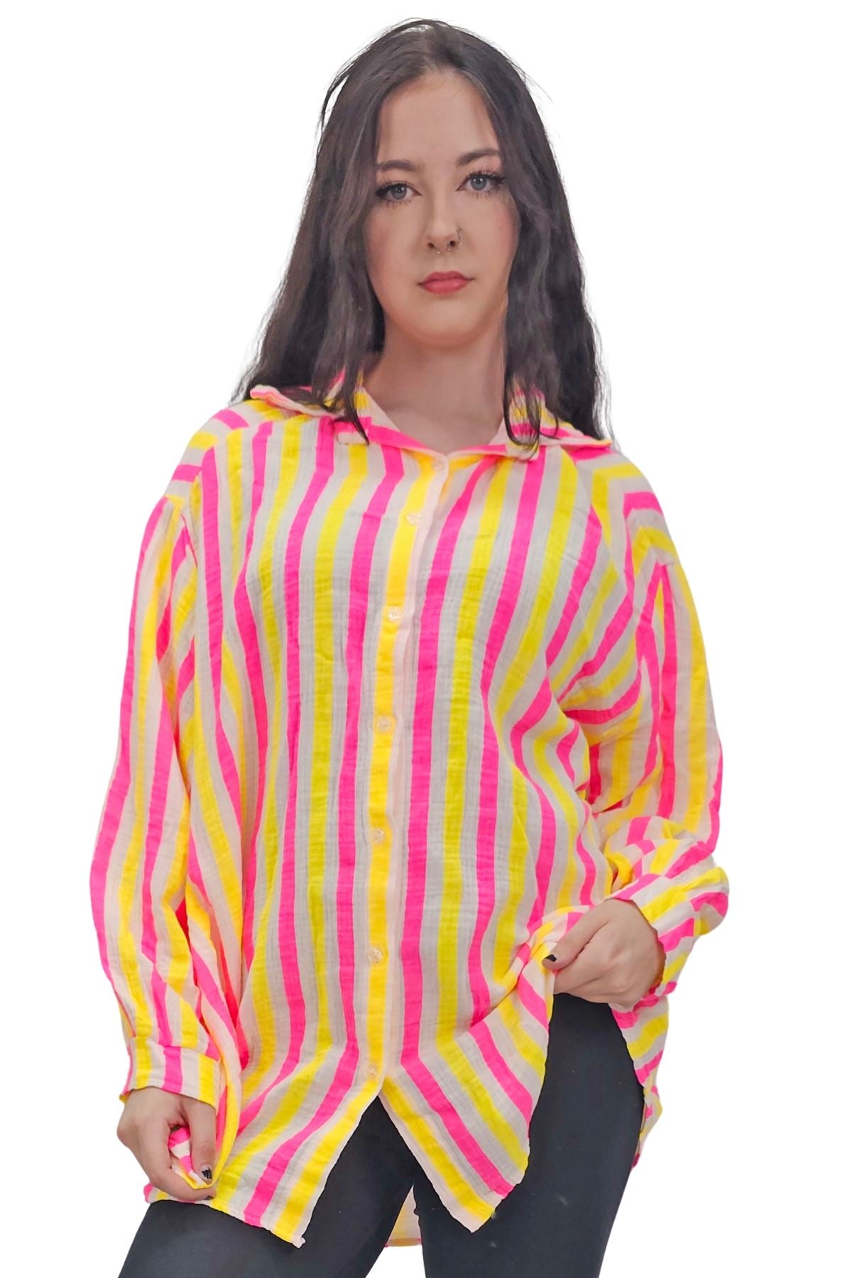 Vertical Stripes In Alternating Shades Button-Down Cotton Shirt