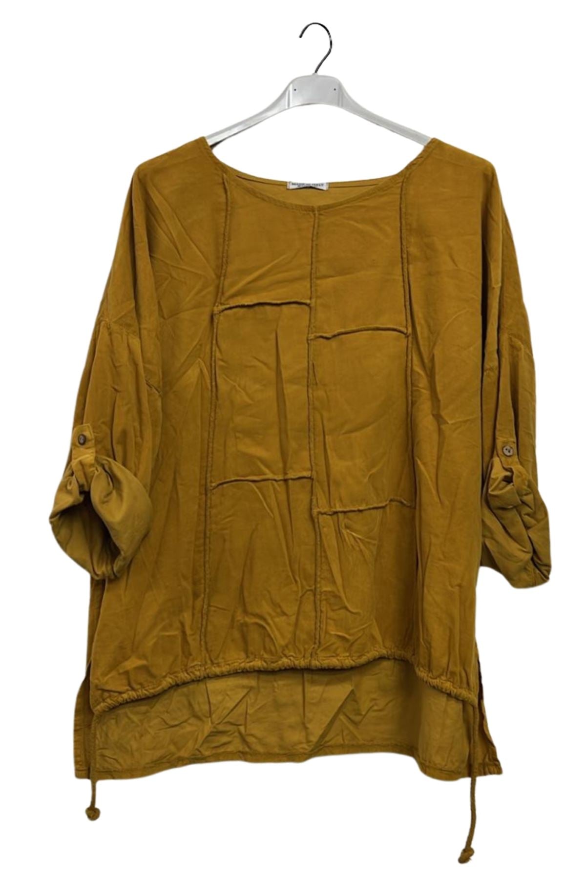 Plain Front Patch Detail High Low Drawstring Hem Cotton Top