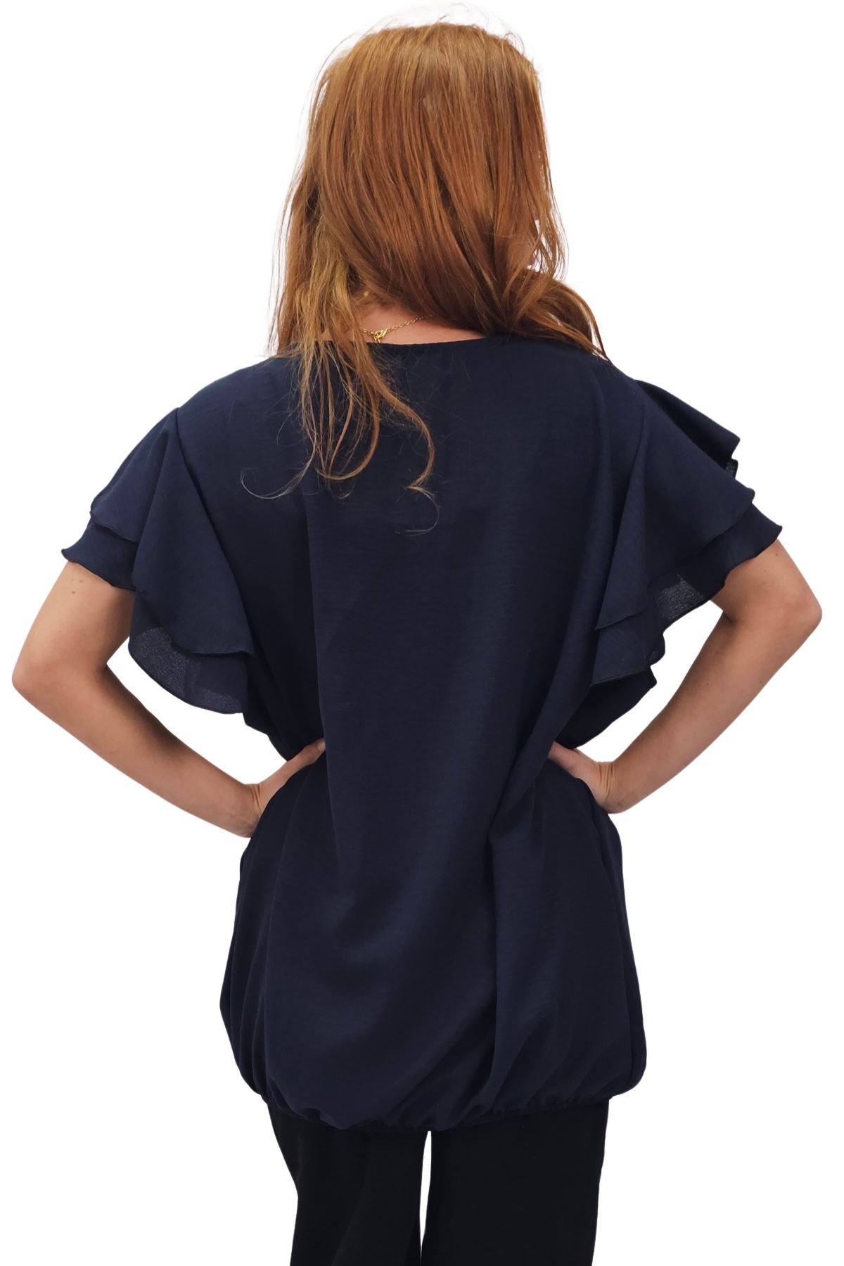 Plain Flutter Sleeves Elastic Hemline Top
