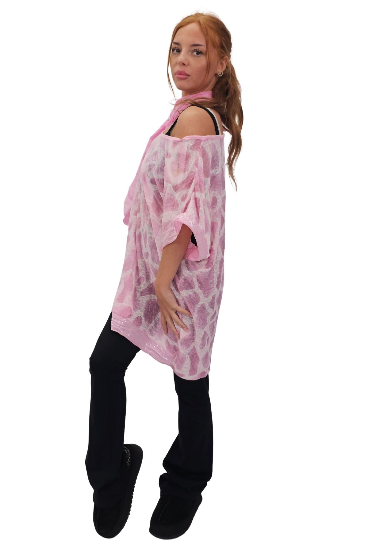 Giraffe Print Sequin Detail Hem With Scarf Box Top