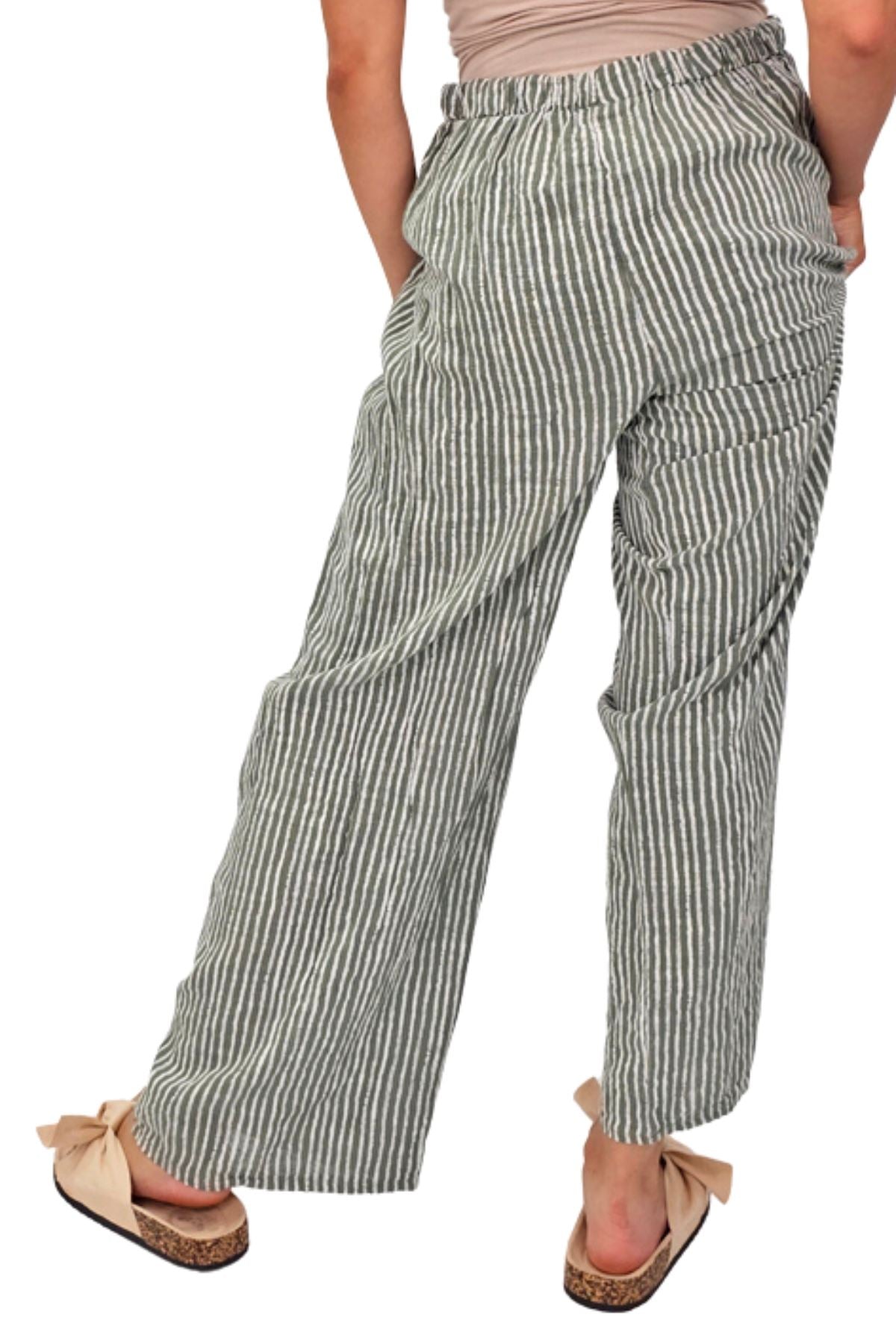 Stripe Print Elasticated Waistband Wide Leg Cotton Trousers