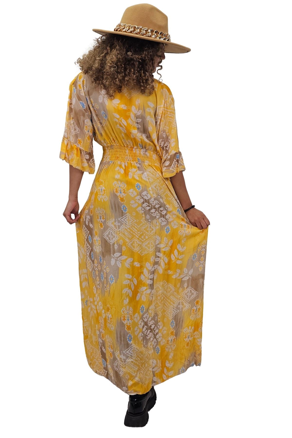 Leaves Print Gathered Waist Dress