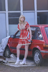 Leaves Print Lace Embroidered V Neck Dress