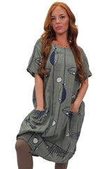 Fish Stripe Print Front Two Pockets Cotton Dress
