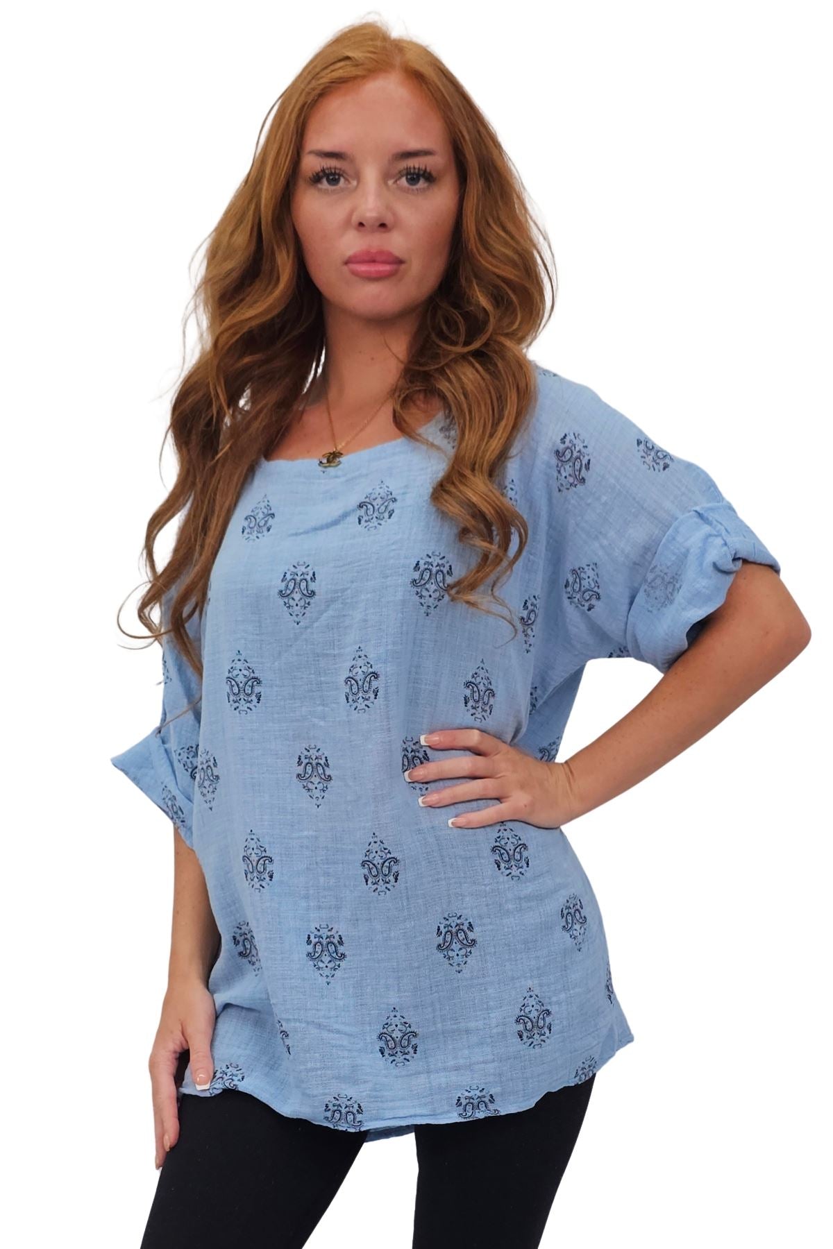 Block Print-Style Motifs Tunic Silhouette Cotton Top
