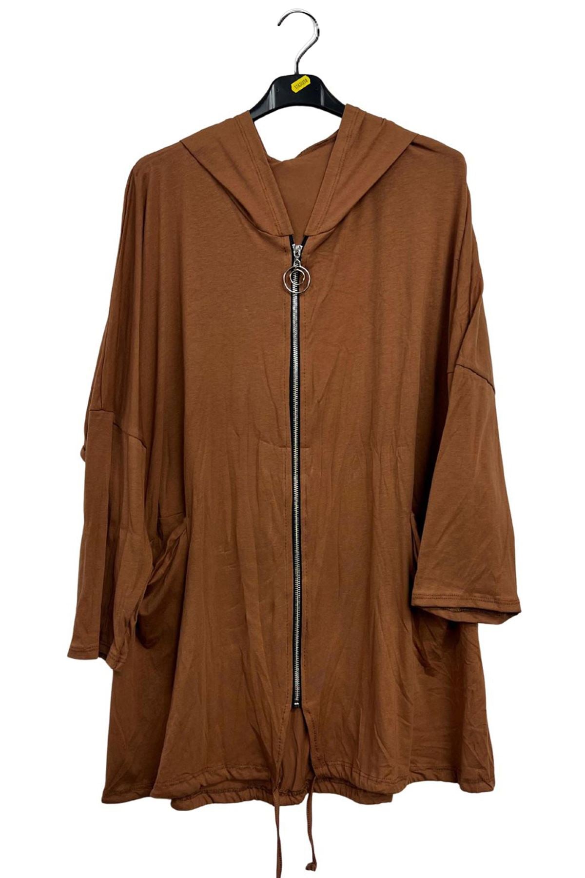 Plain Zip-Front Drawstring Hem Cotton Hoodie