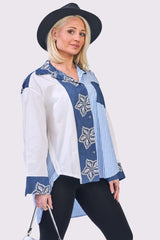 Stripe Floral Print Oversized High Low Hem Front Pocket Cotton Shirt