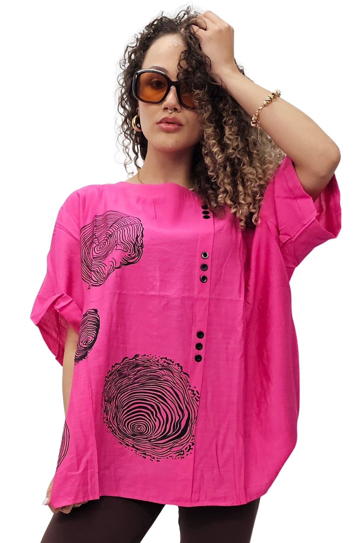 Tree Ring Print Front Button Detail Cotton Top