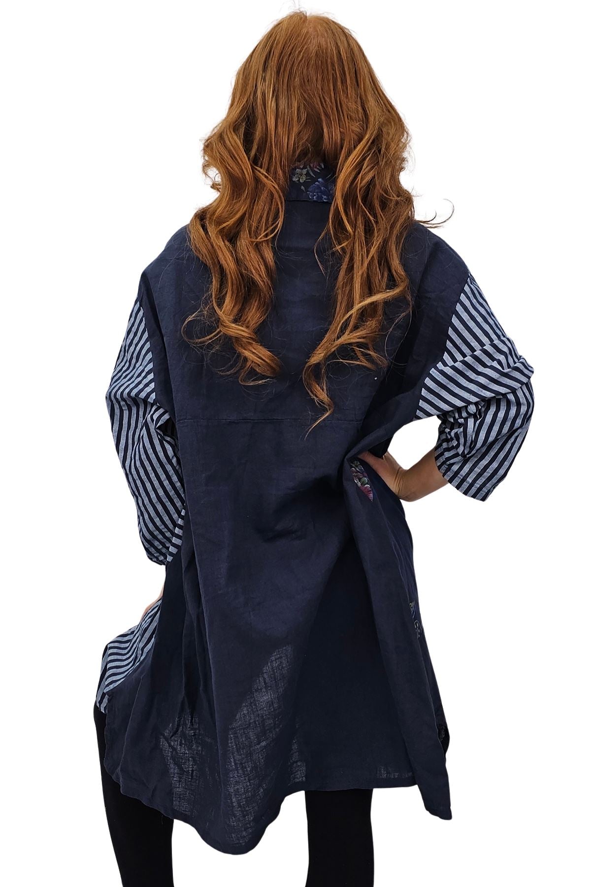 Vertical Stripes Polka Dot Print Full Front Buttons Linen Shirt