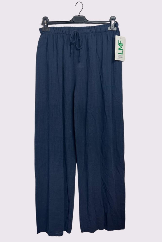 Plain Drawstring Wide Legs Cotton Trousers