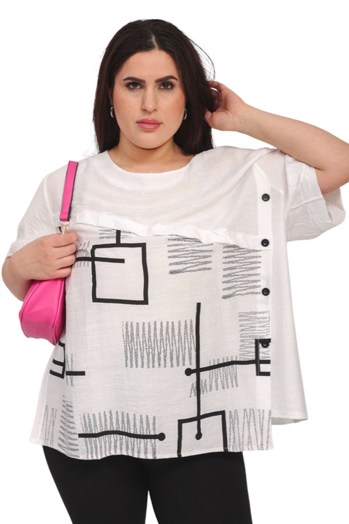 Abstract Block Print Side Button Detail Cotton Top