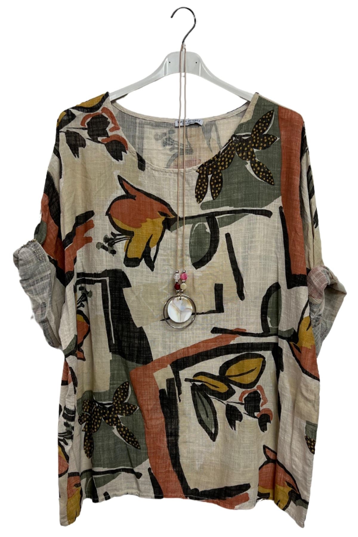 Abstract Leaf Print Oversized Necklace Tunic Cotton Top