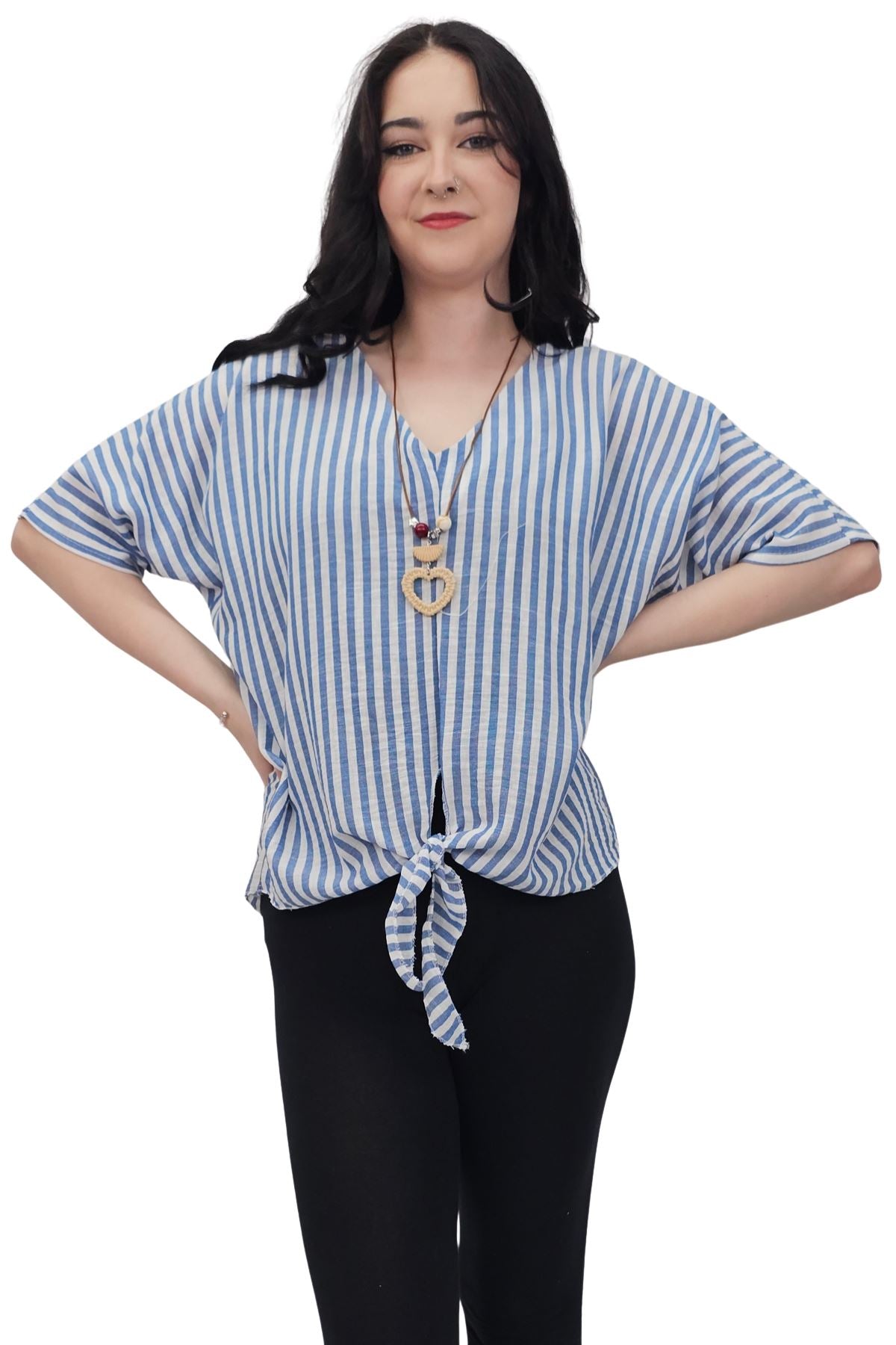 Vertical Stripes Print Front Tie Knot Top