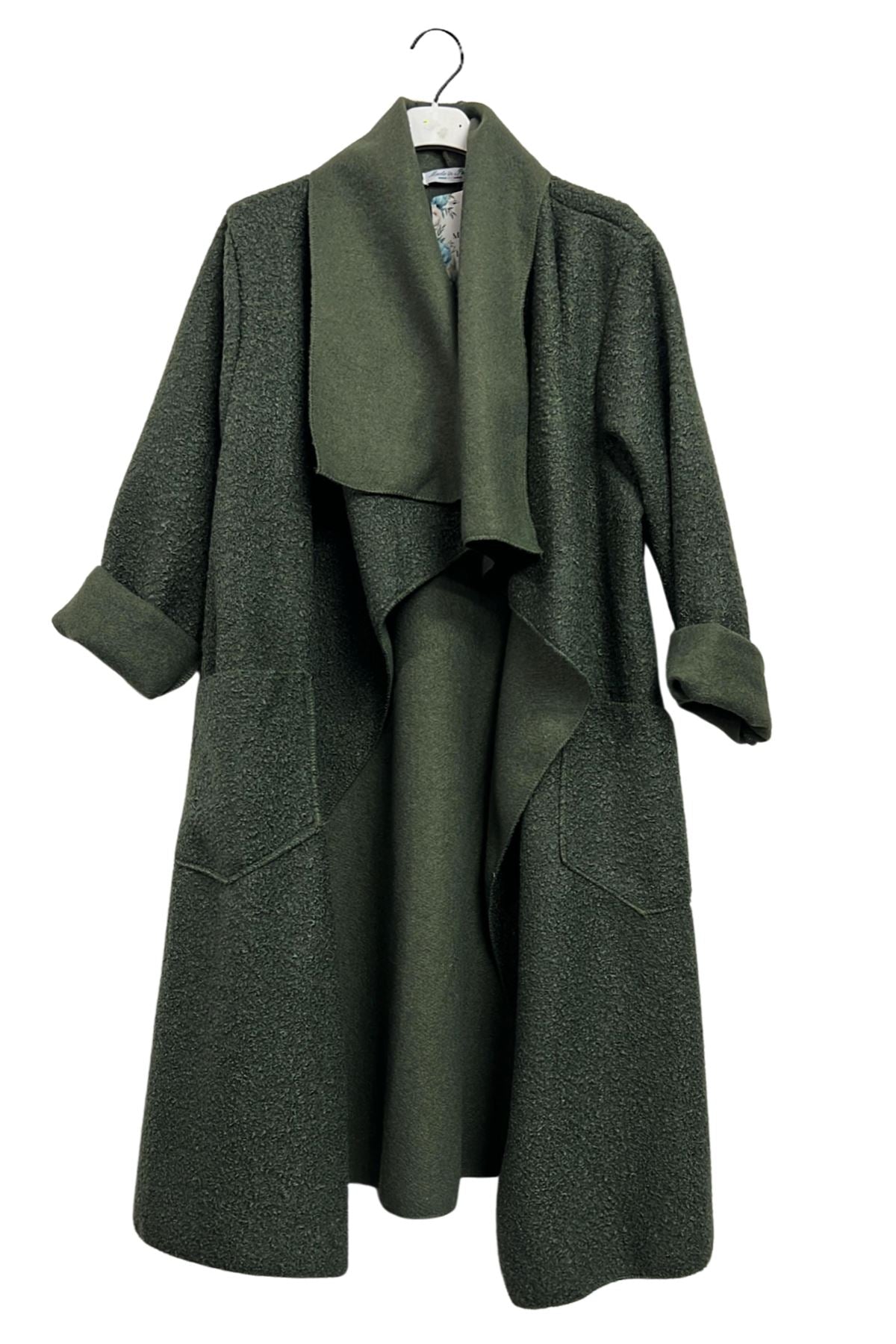 Plain Draped Coller Front Two Pockets Cotton Coat