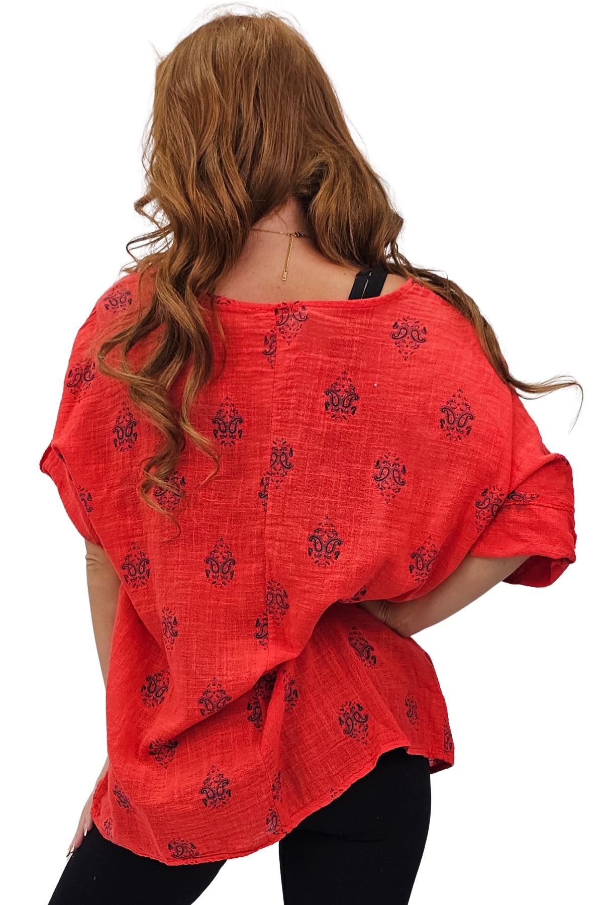 Block Print-Style Motifs Tunic Silhouette Cotton Top