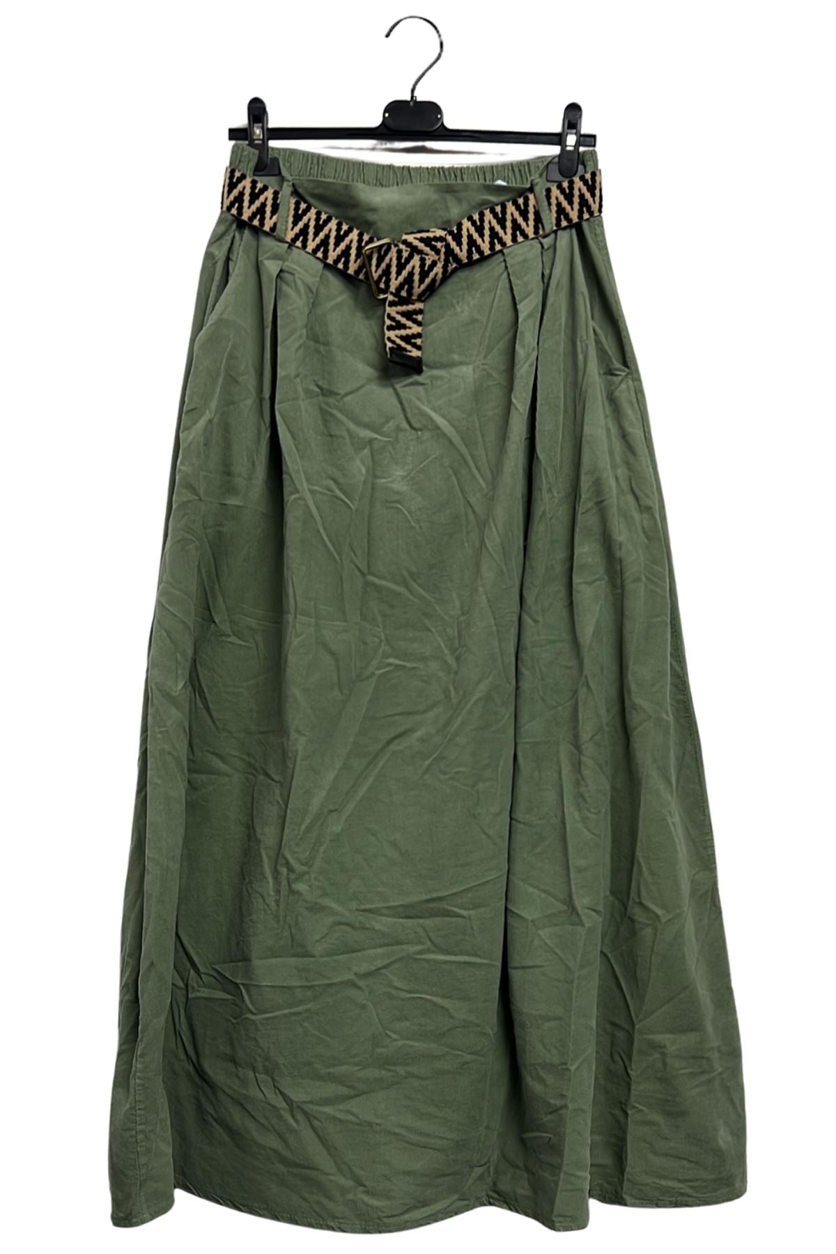 Plain Two Side Pockets Belted Cotton Skirt