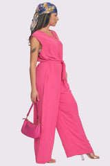 Plain Belted Pockets Wide Leg Jumpsuit
