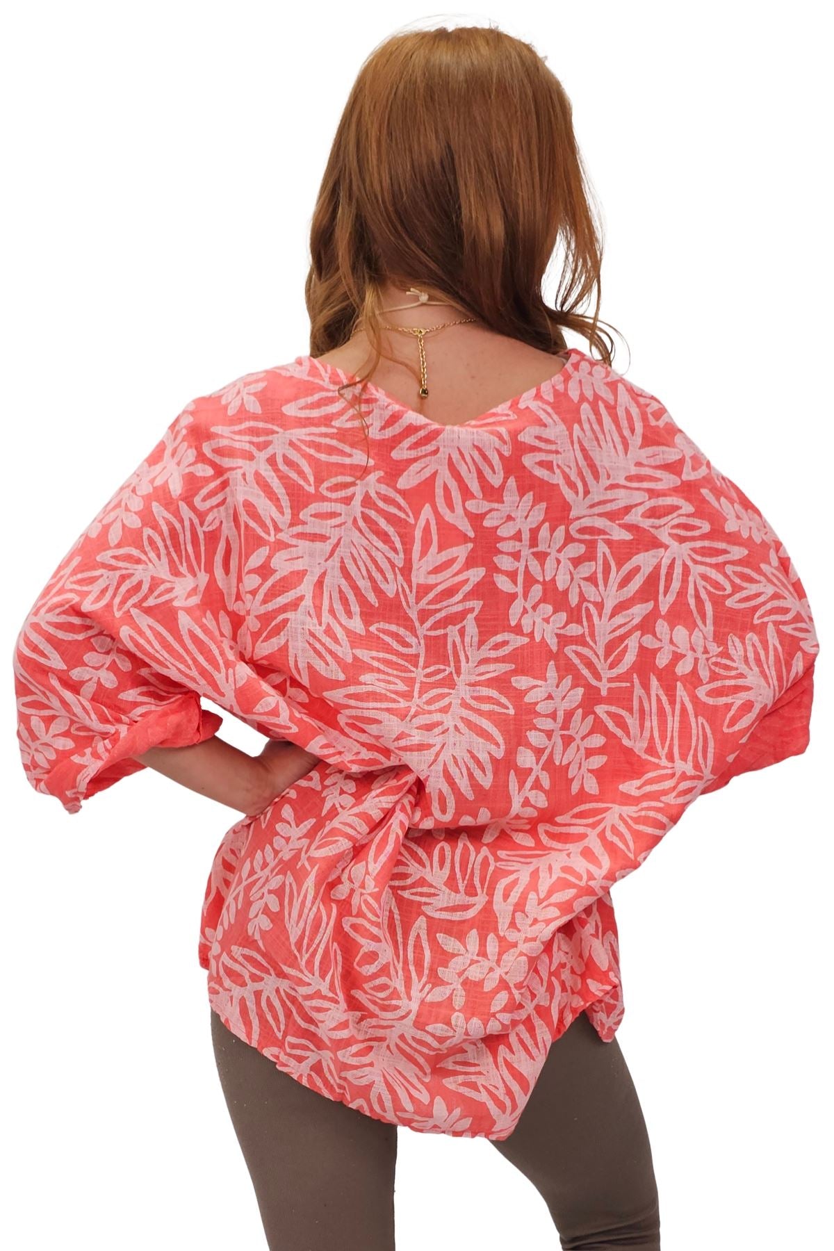 Floral Print Necklace Cotton Tunic Top