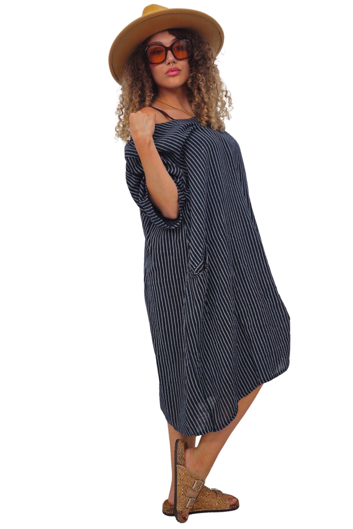 Vertical Stripes Print Two Side Pockets Cotton Dress