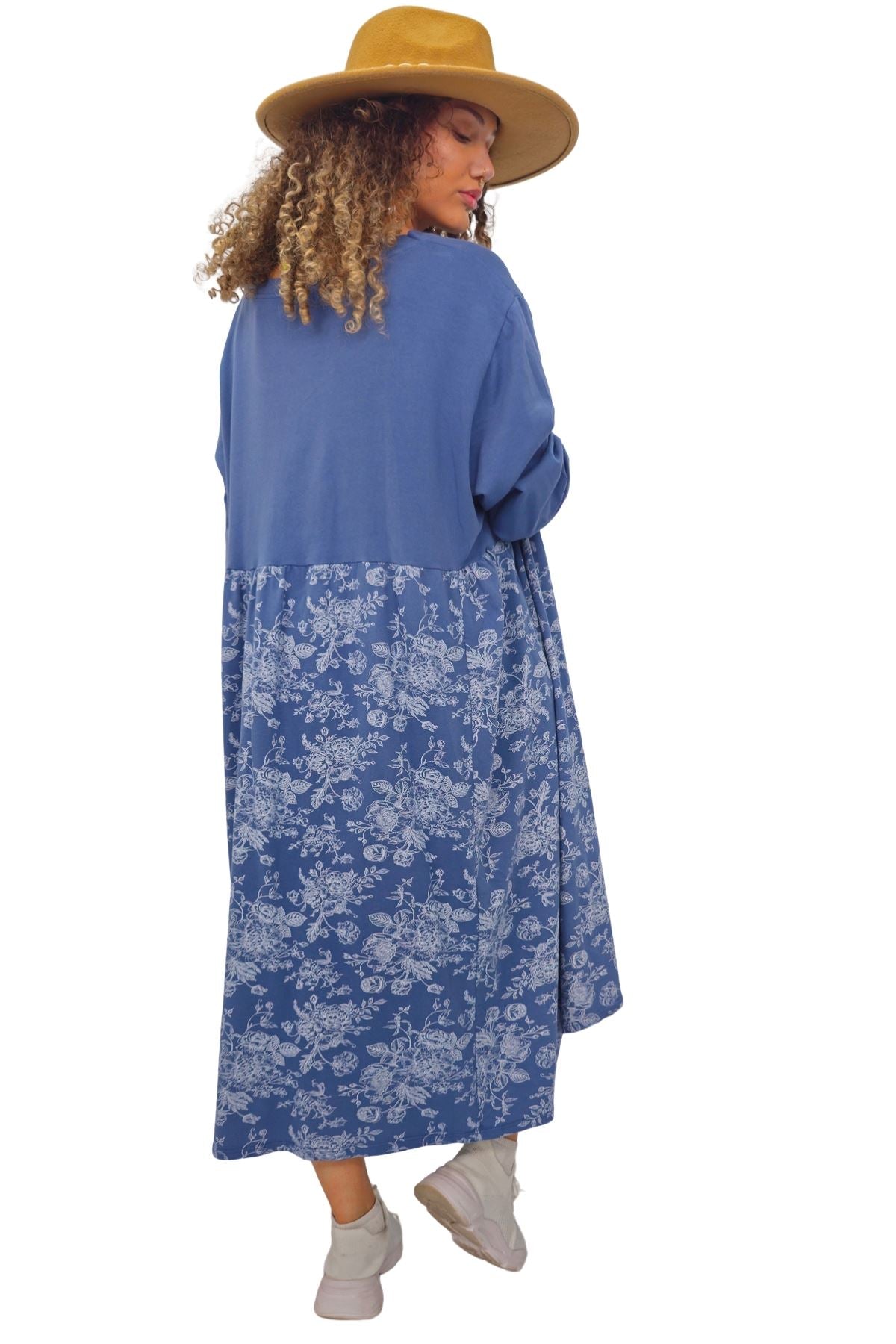 Two Tone Floral Print Baggy Long Style Cotton Dress