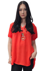 Plain Short Puff Sleeves Necklace Top