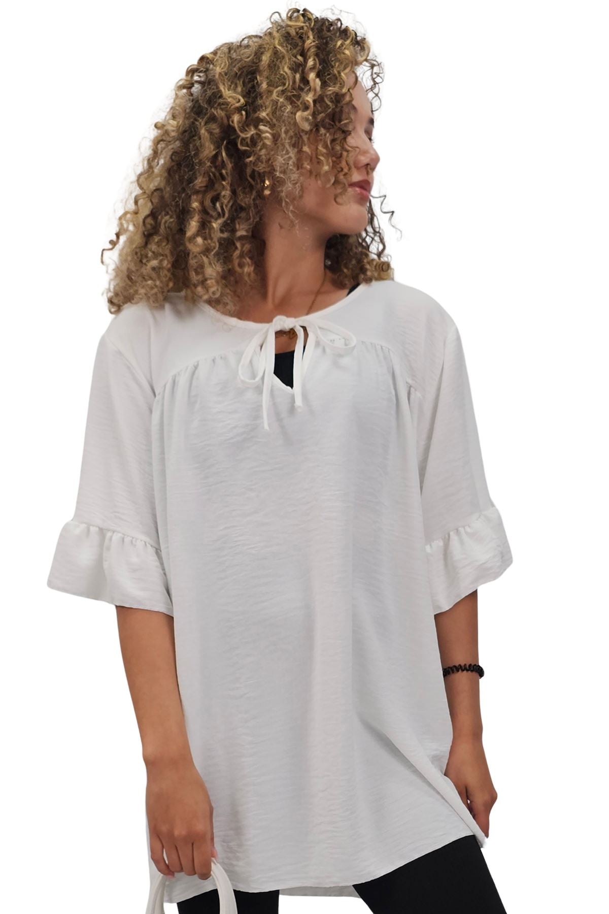 Plain Tie Neck Ruffle Sleeve Top