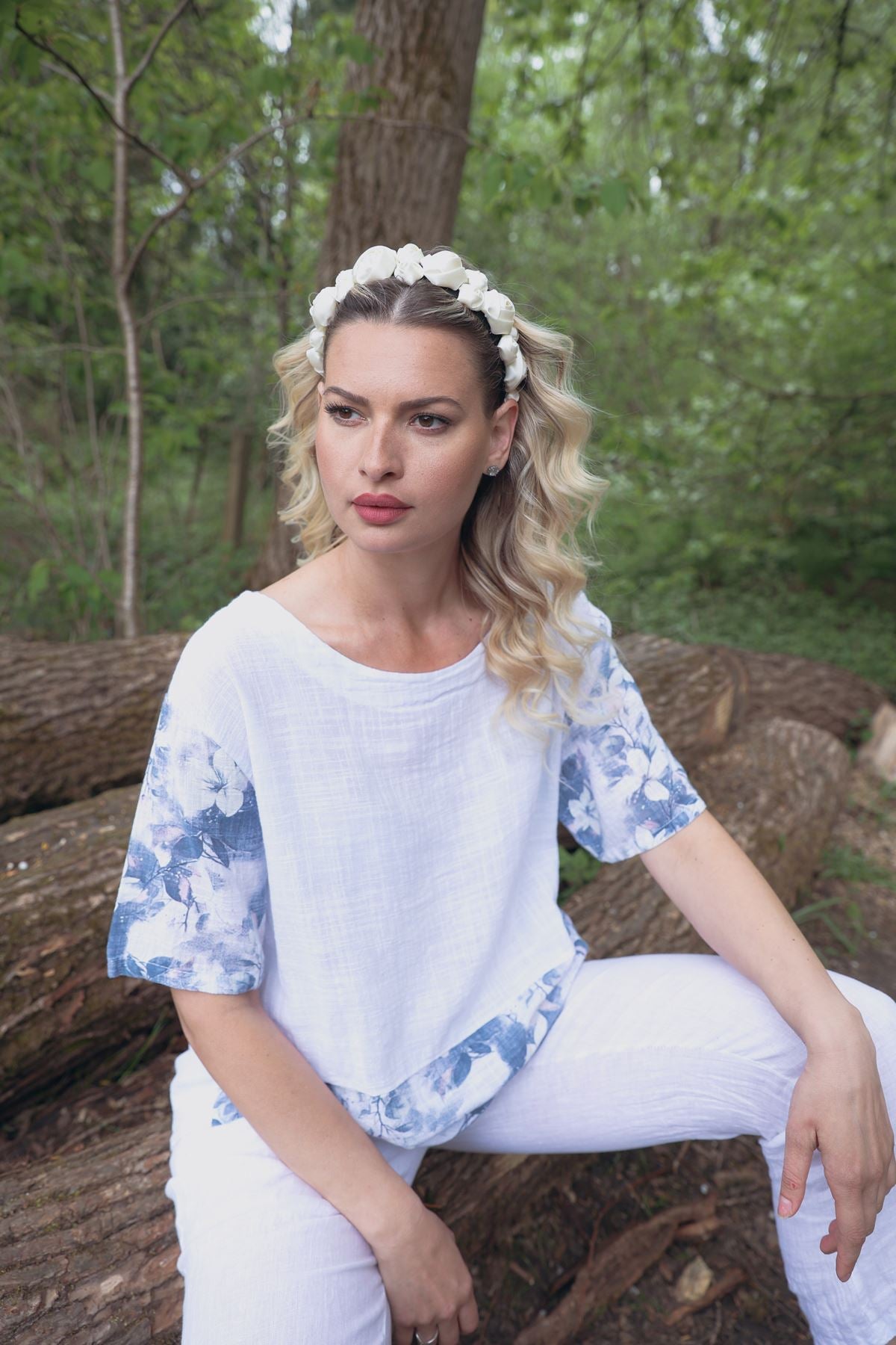 Floral Print Necklace Oversized Tunic Cotton Top