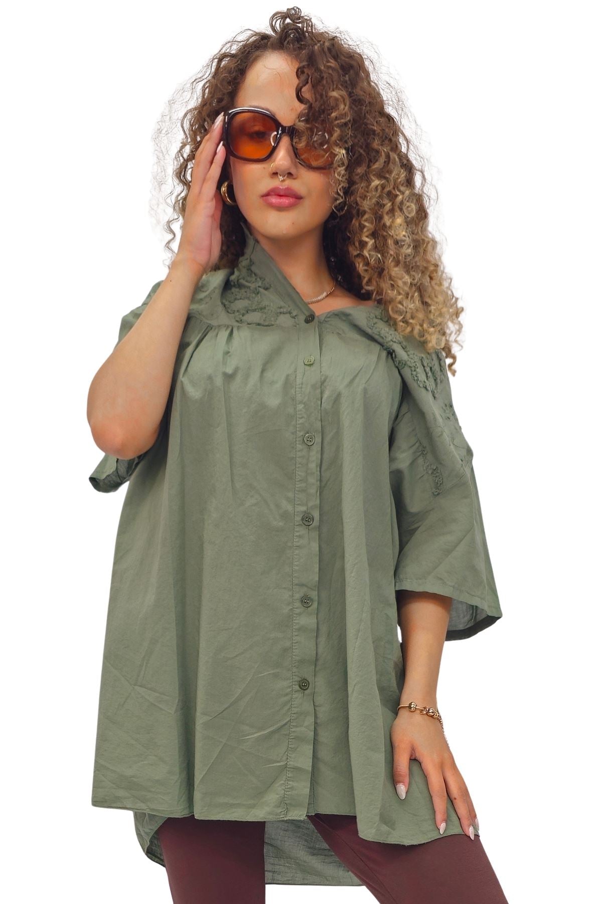 Plain Intricate Floral Embroidery Cotton Shirt