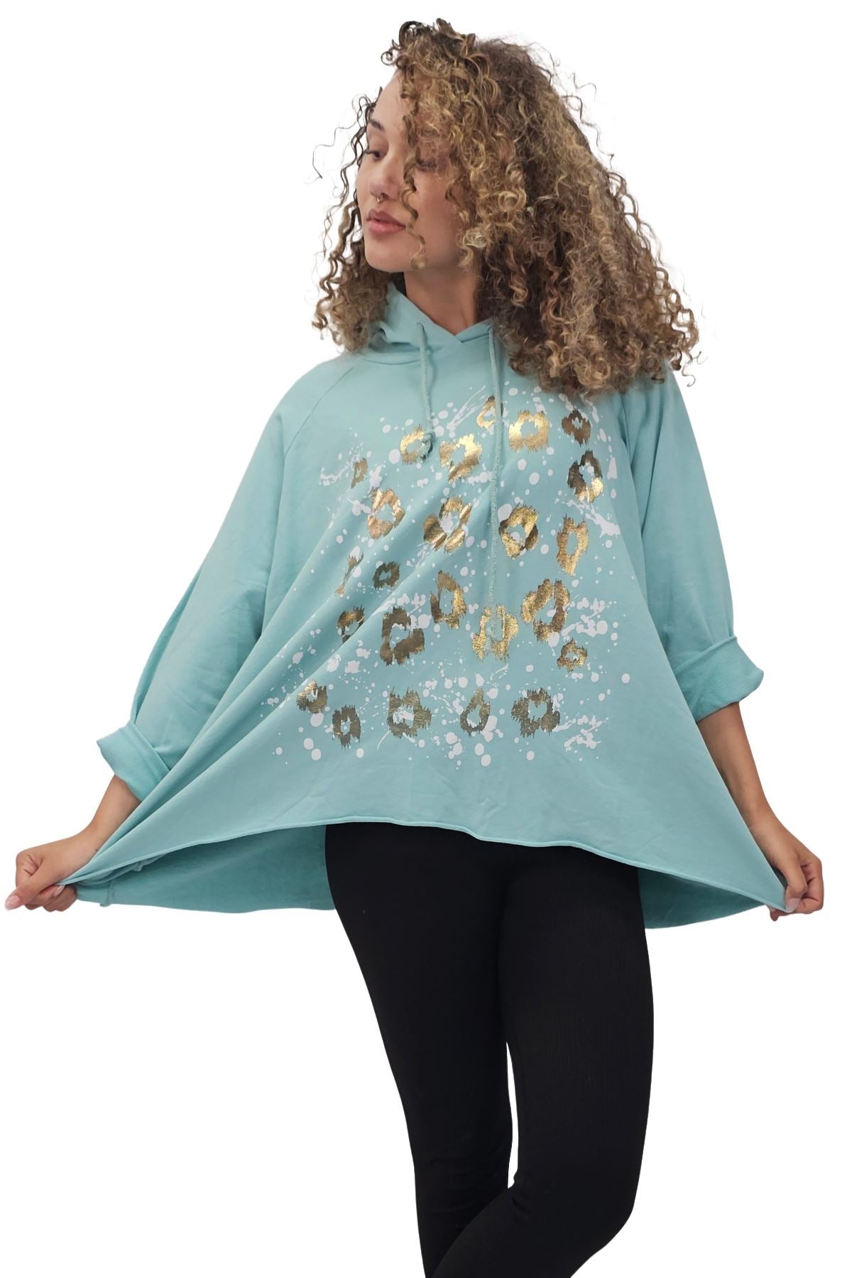 Leopard Foil Splash Print String Hoody High Low Hem Cotton Hoodie