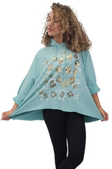 Leopard Foil Splash Print String Hoody High Low Hem Cotton Hoodie