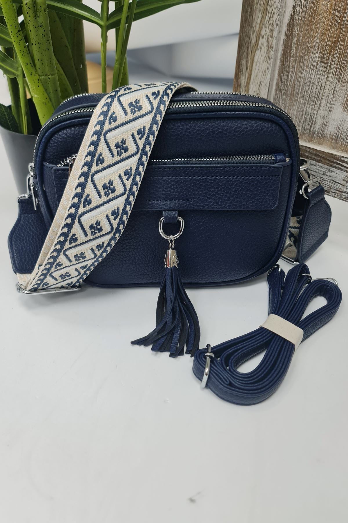Adjustable Patterned Strap Tassel Shoulder Bag