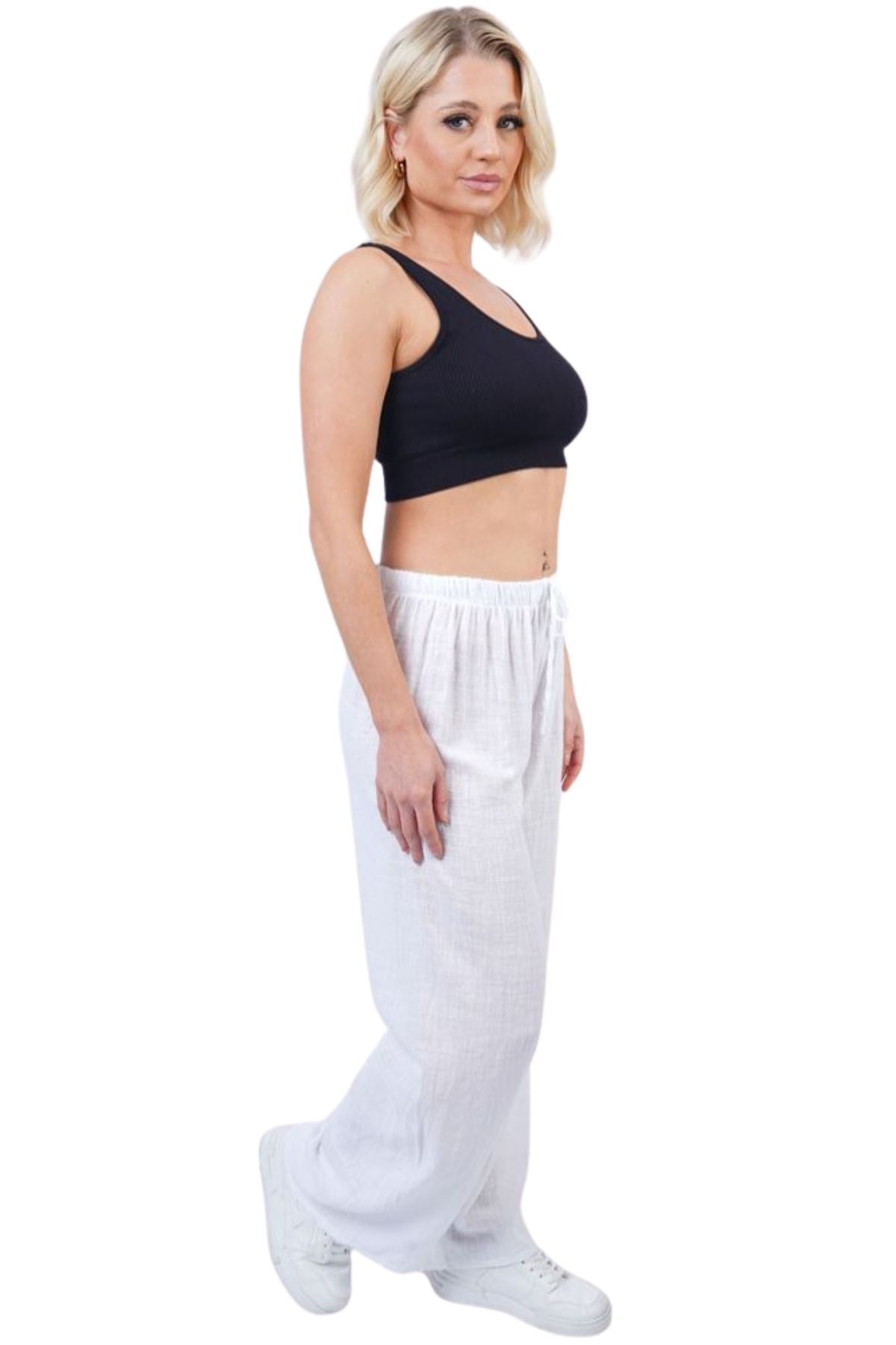 Plain Drawstring Wide Legs Cotton Trousers