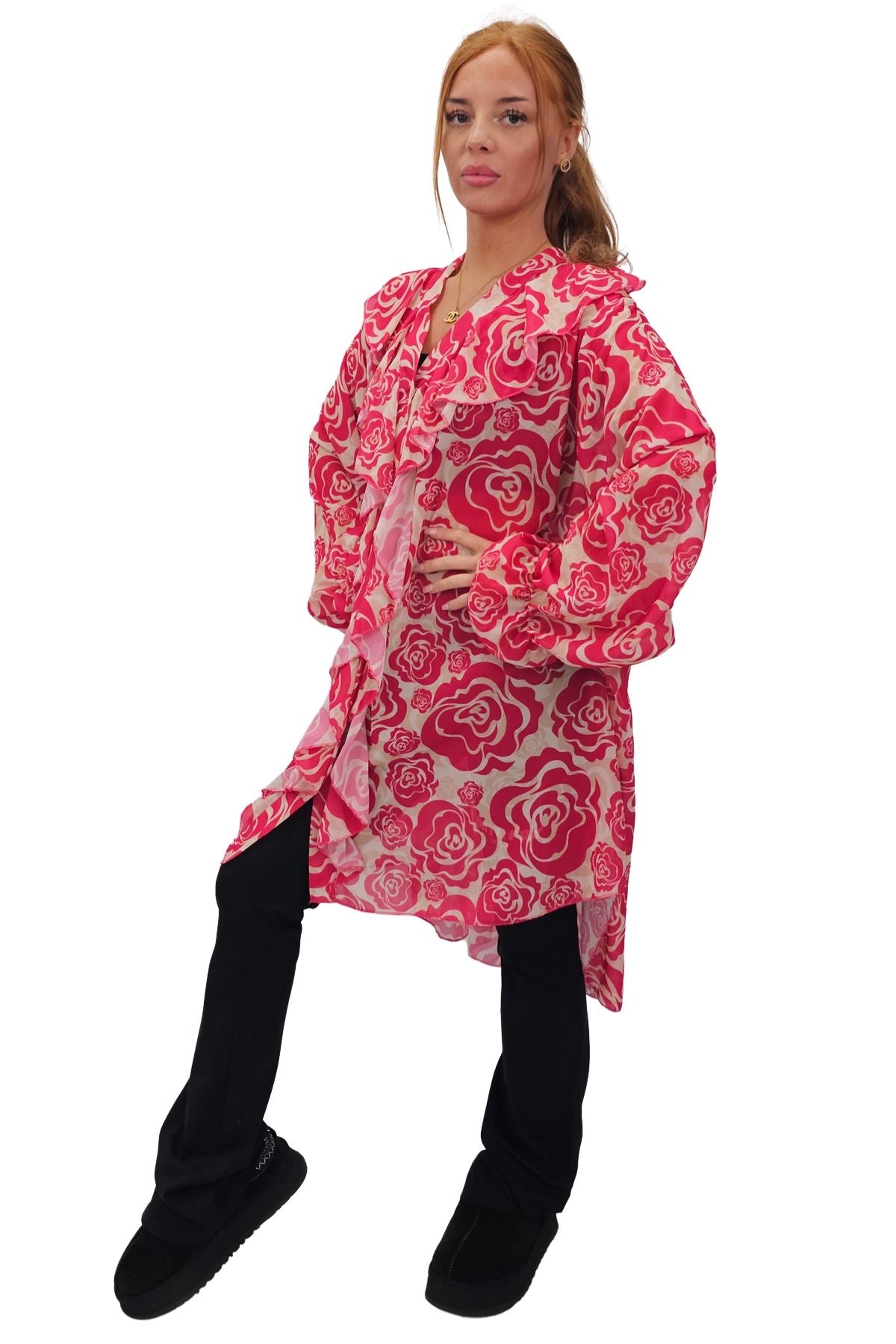 Floral Print Oversized Front Ruffle Top