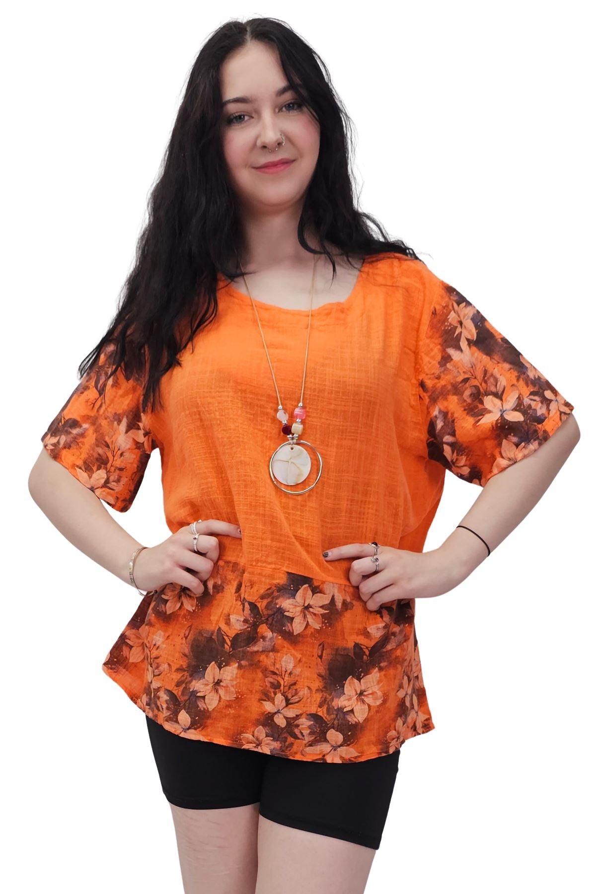 Floral Print Necklace Oversized Tunic Cotton Top