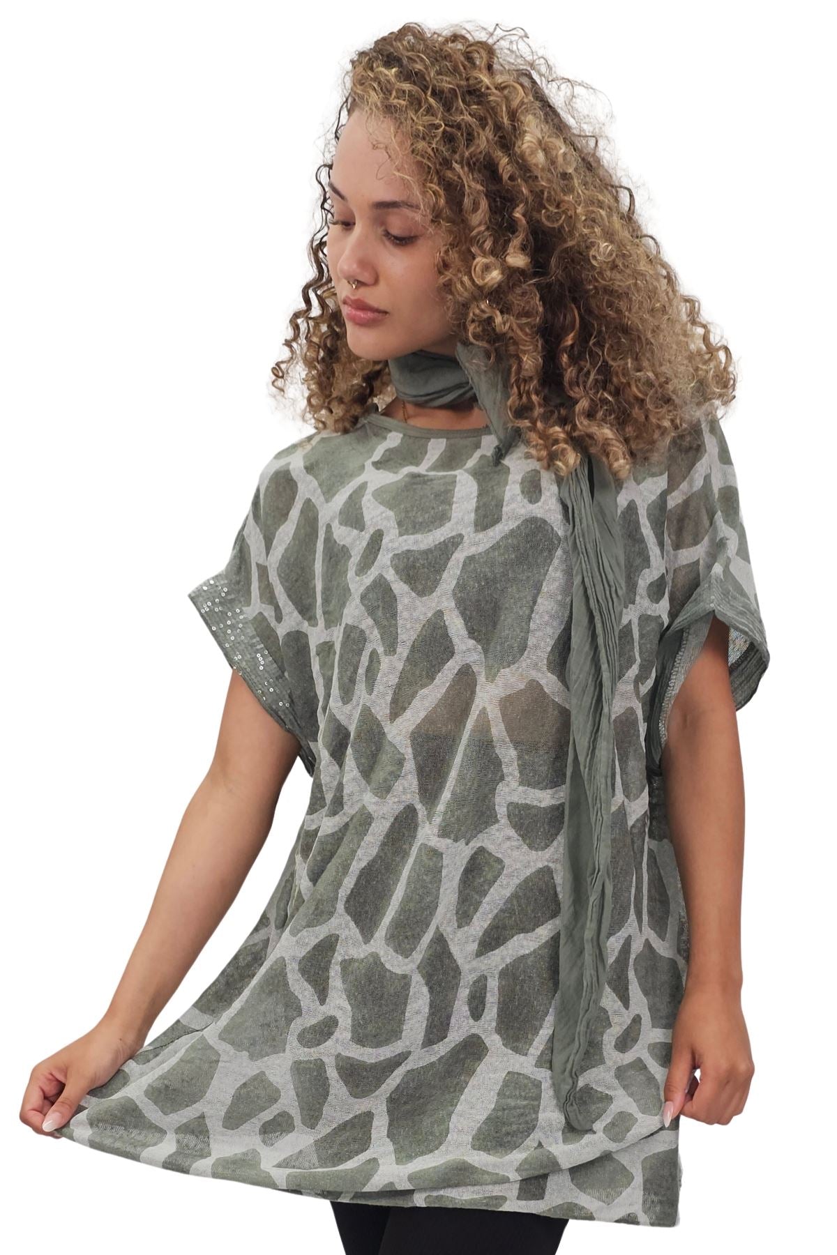Giraffe Print Sequin Detail Hem With Scarf Box Top