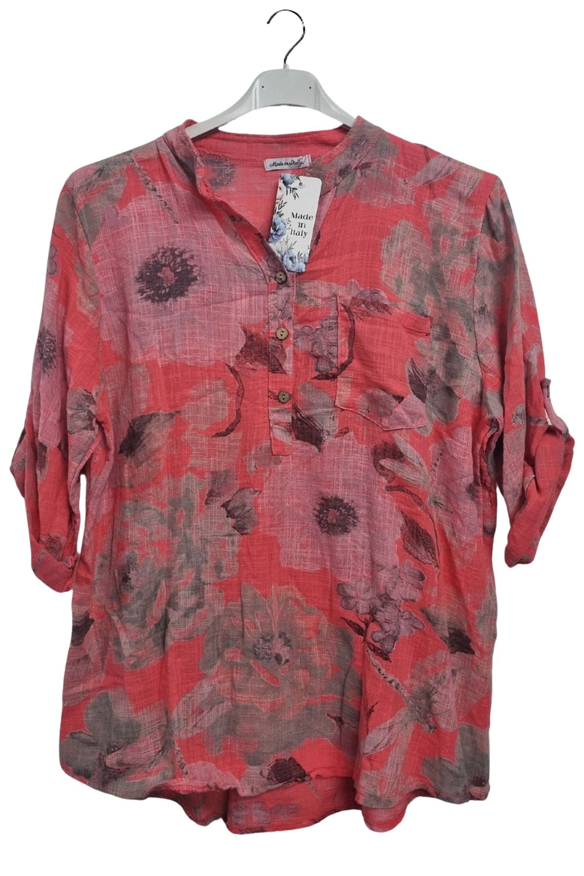 Floral Print Chest Pocket Oversized Tunic Cotton Top