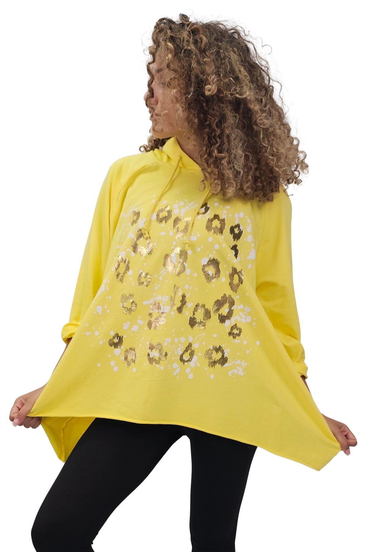 Leopard Foil Splash Print String Hoody High Low Hem Cotton Hoodie