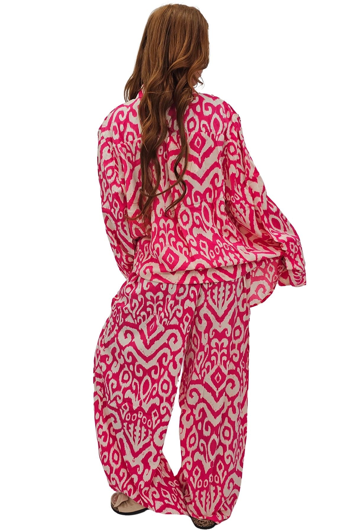 Bold Ikat Pattern Button-Up Shirt Wide Leg Co-Ord Set