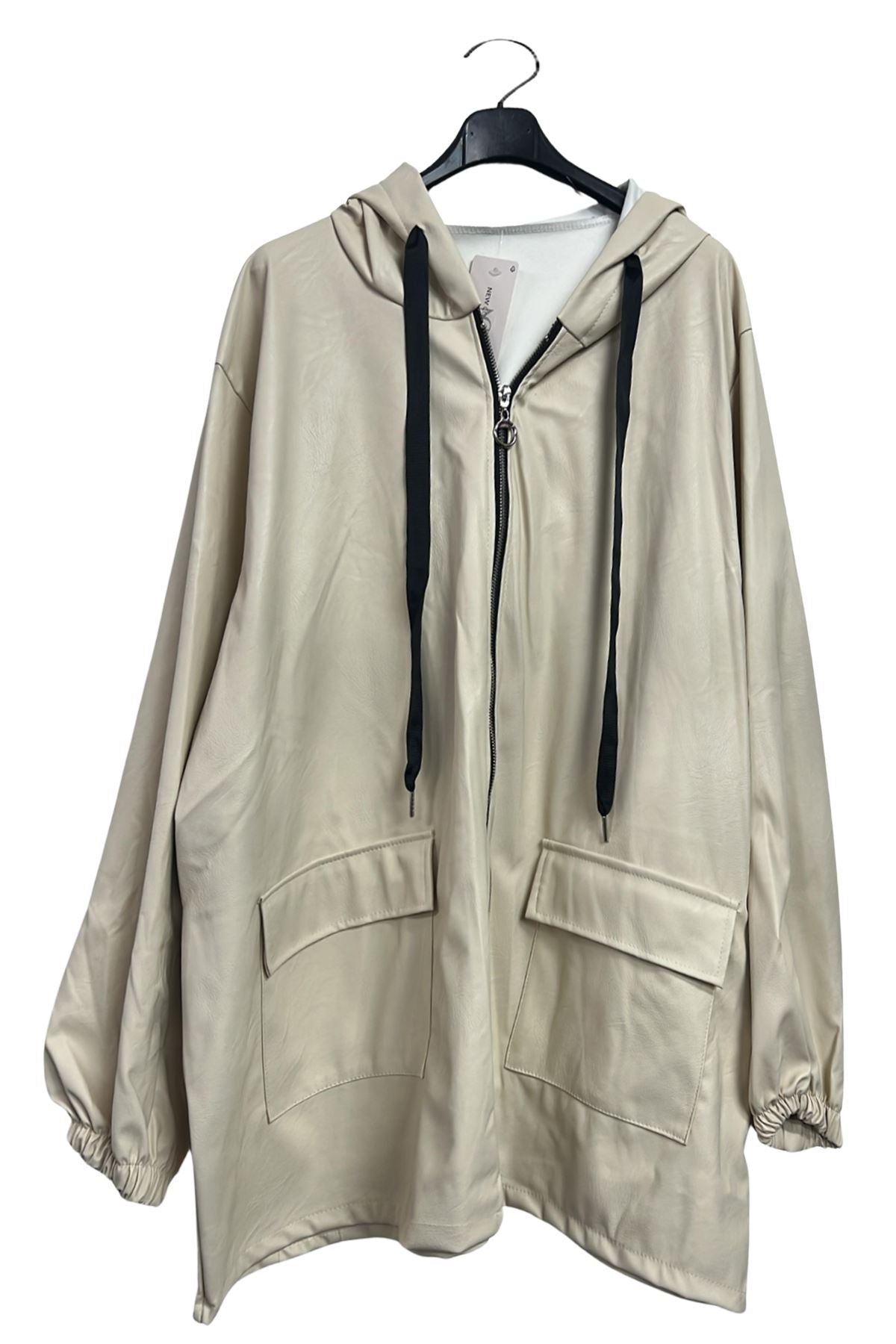 Plain Front Flap Pockets Faux Leather Hooded Jacket