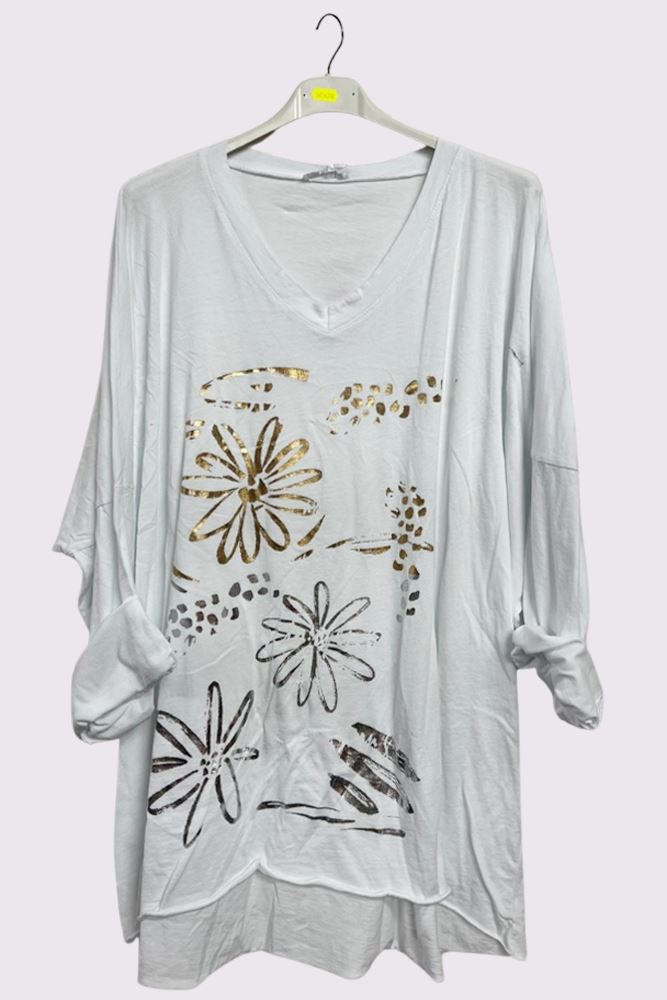 Flower Leopard Foil Print Dip Hem Cotton Top