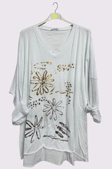 Flower Leopard Foil Print Dip Hem Cotton Top