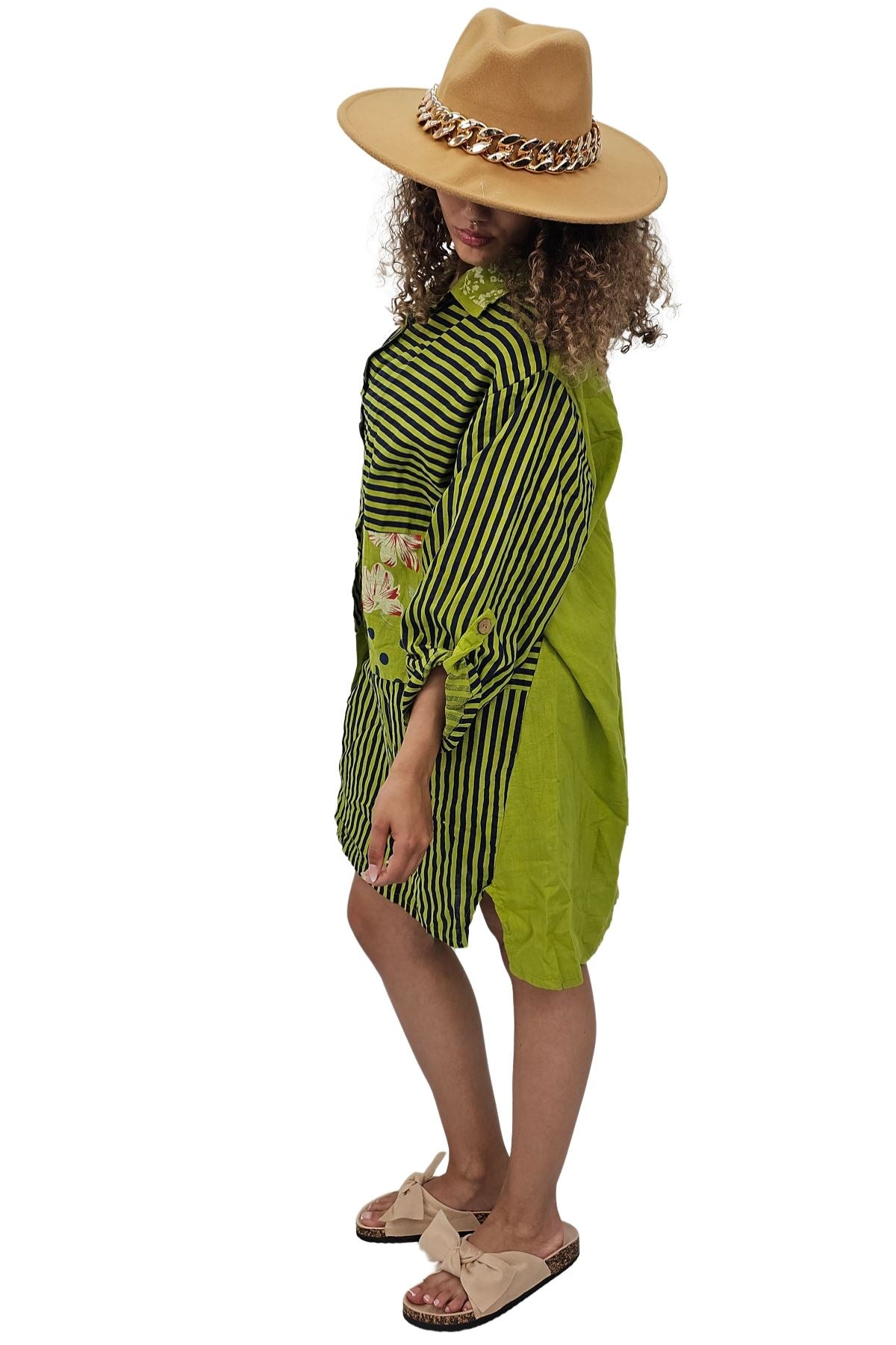 Vertical Stripes Polka Dot Print Full Front Buttons Linen Shirt
