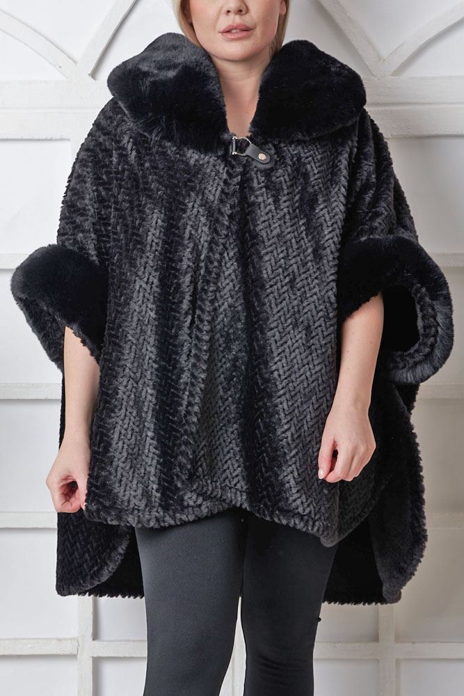 Plain Faux Fur Wrap Knit Poncho