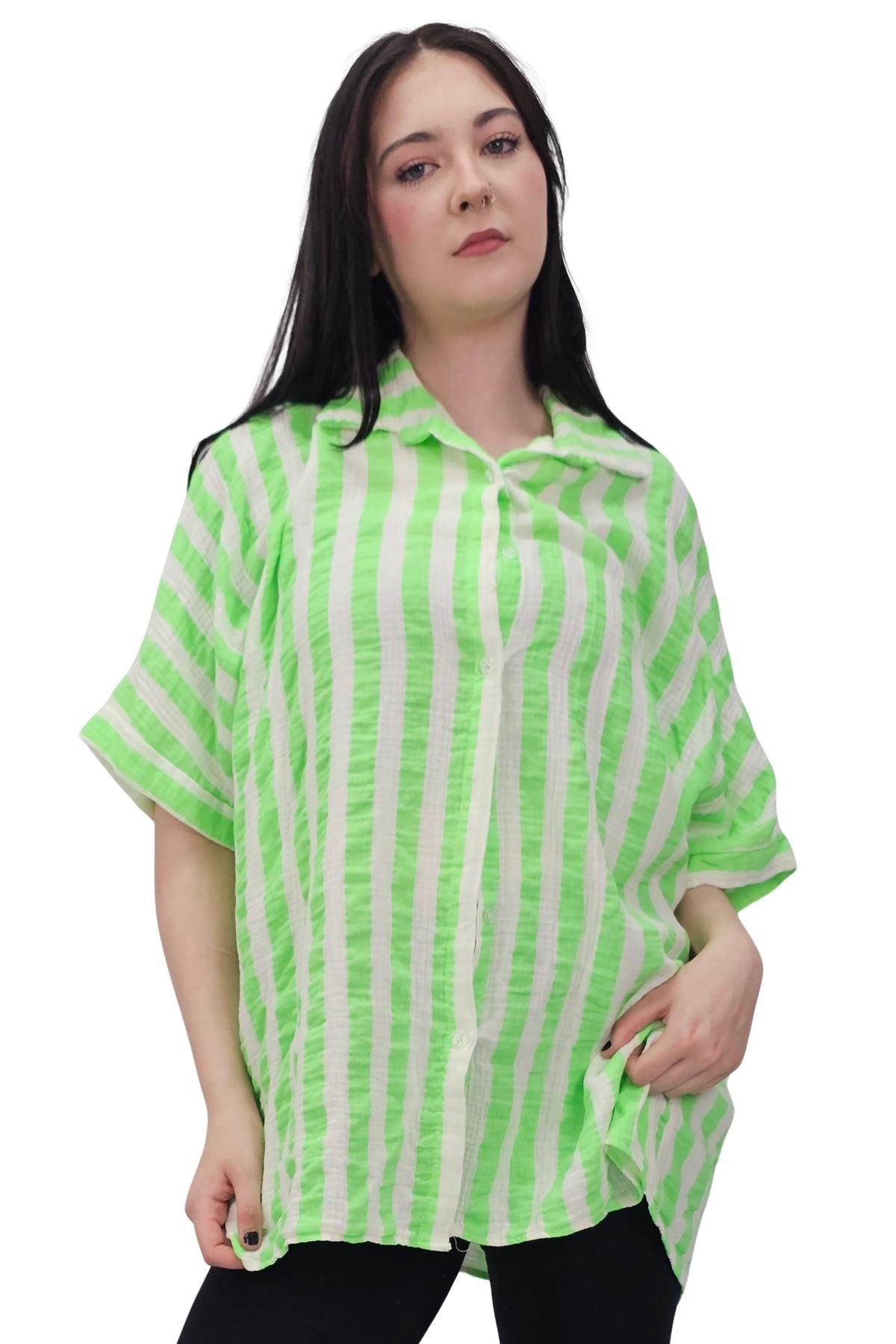 Vertical Stripes Print Front Button Down Cotton Shirt